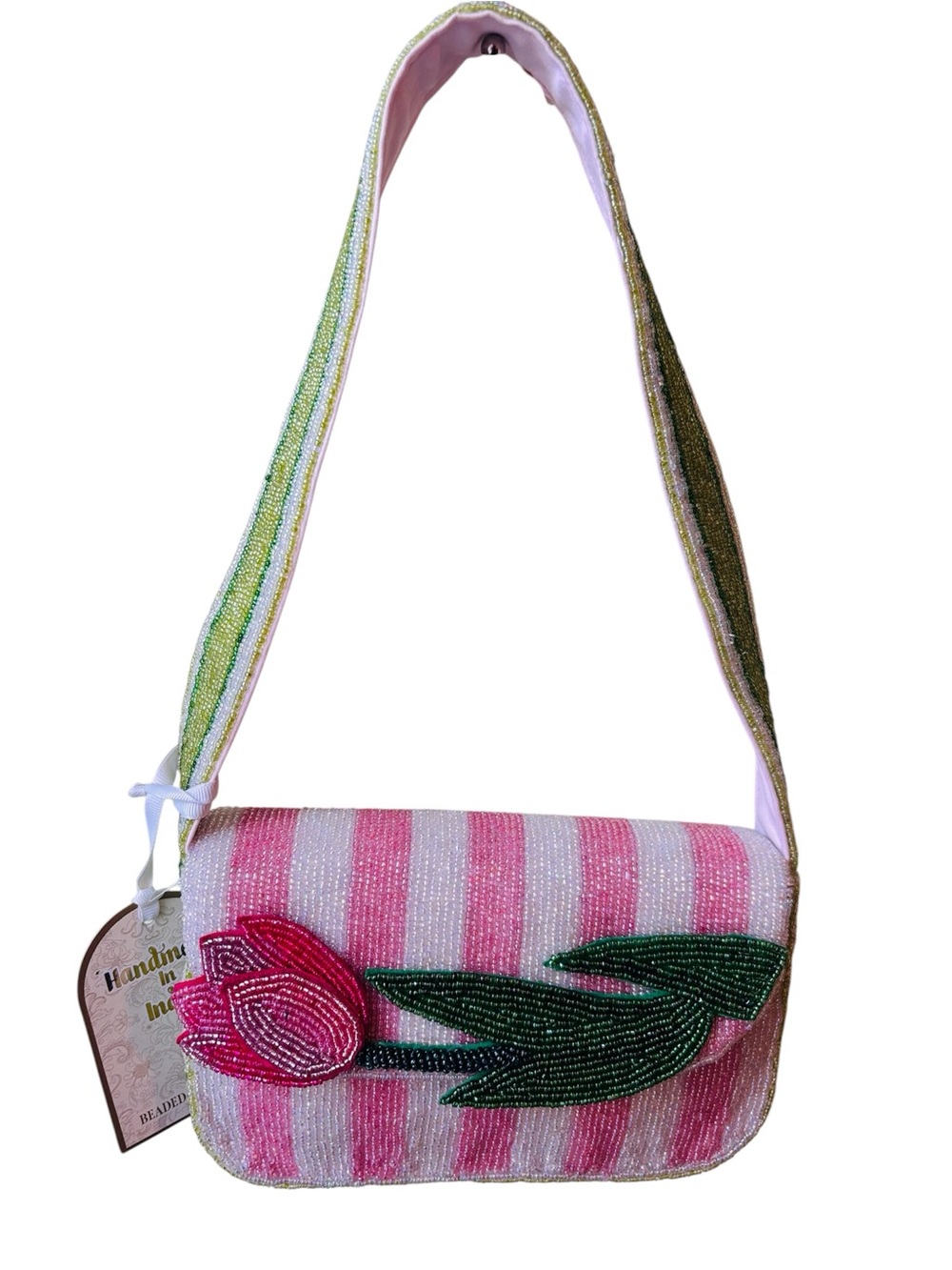 Handmade Pink Stripe Beaded Tulip Appliqué Shoulder Bag